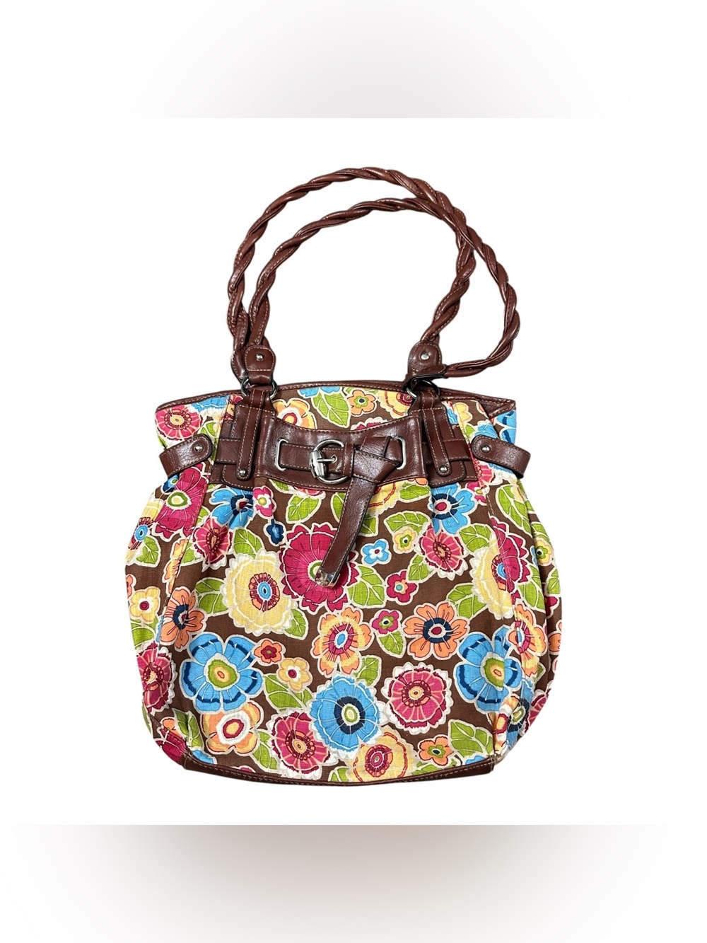 Rosetti Floral Canvas Tote Shoulder Bag Brown Boho Multicolor Handbag Purse